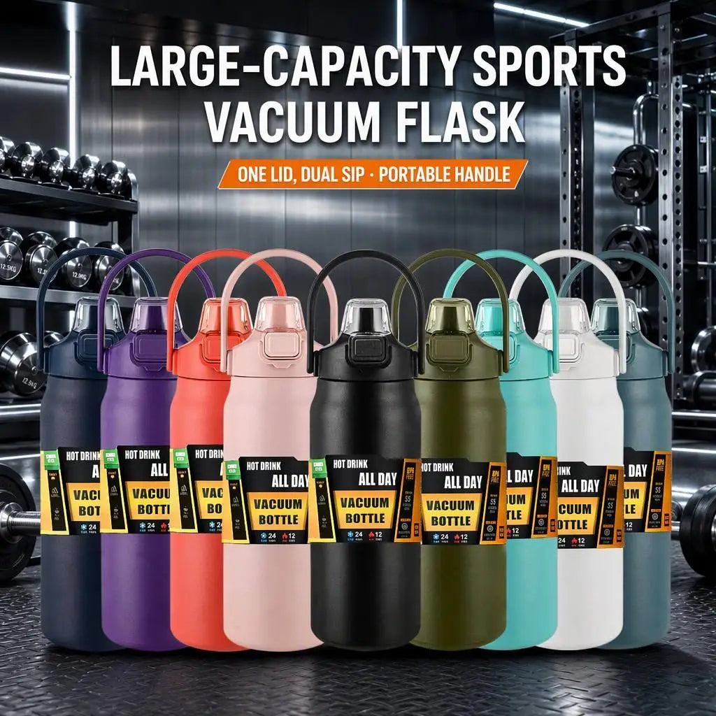 SS304 Vacuum Insulated Water Jug 0.8/1/1.2/1.5L – Double Flip Lid with Handle – 3