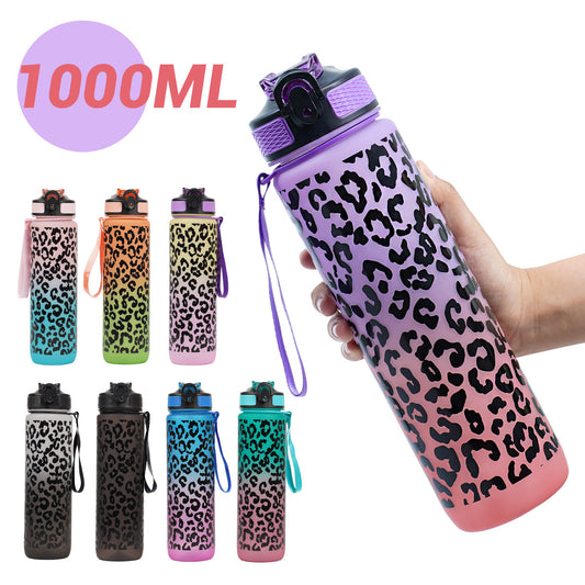 1L Leopard Gradient Plastic Water Bottle with Straw – Summer Sports Bottle
