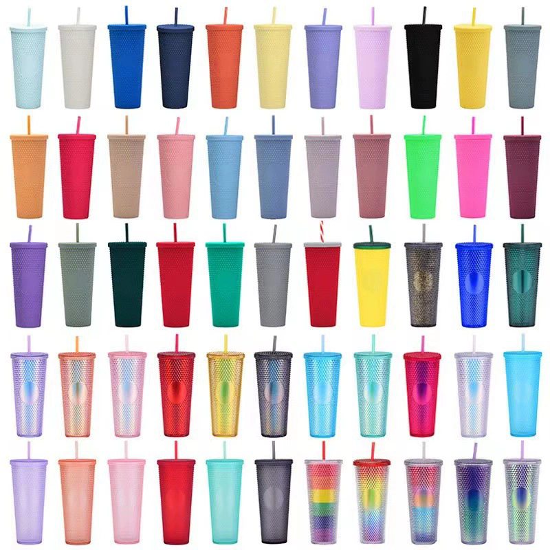 24oz Diamond-Cut Plastic Thermal Mug with Straw and Lid