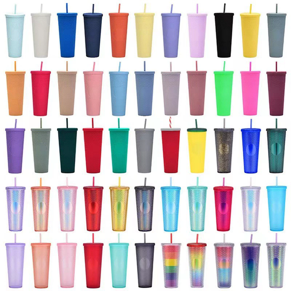 24oz Diamond-Cut Plastic Thermal Mug with Straw and Lid